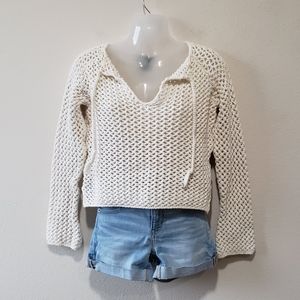 Abercrombie & Fitch Cotton Open Knit Crochet Tie-Front Cropped Sweater in Medium